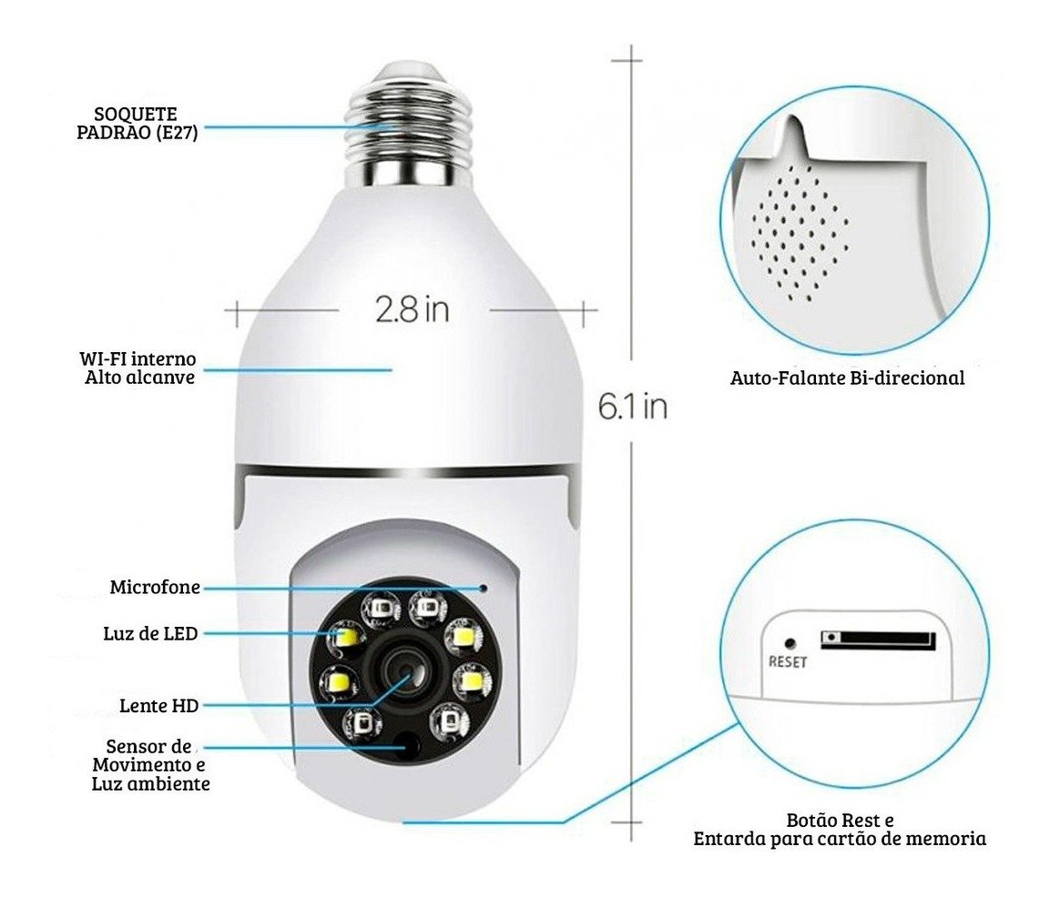Câmera Segurança Lâmpada Panorâmica Visão Noturna Infravermelho Sem Fio