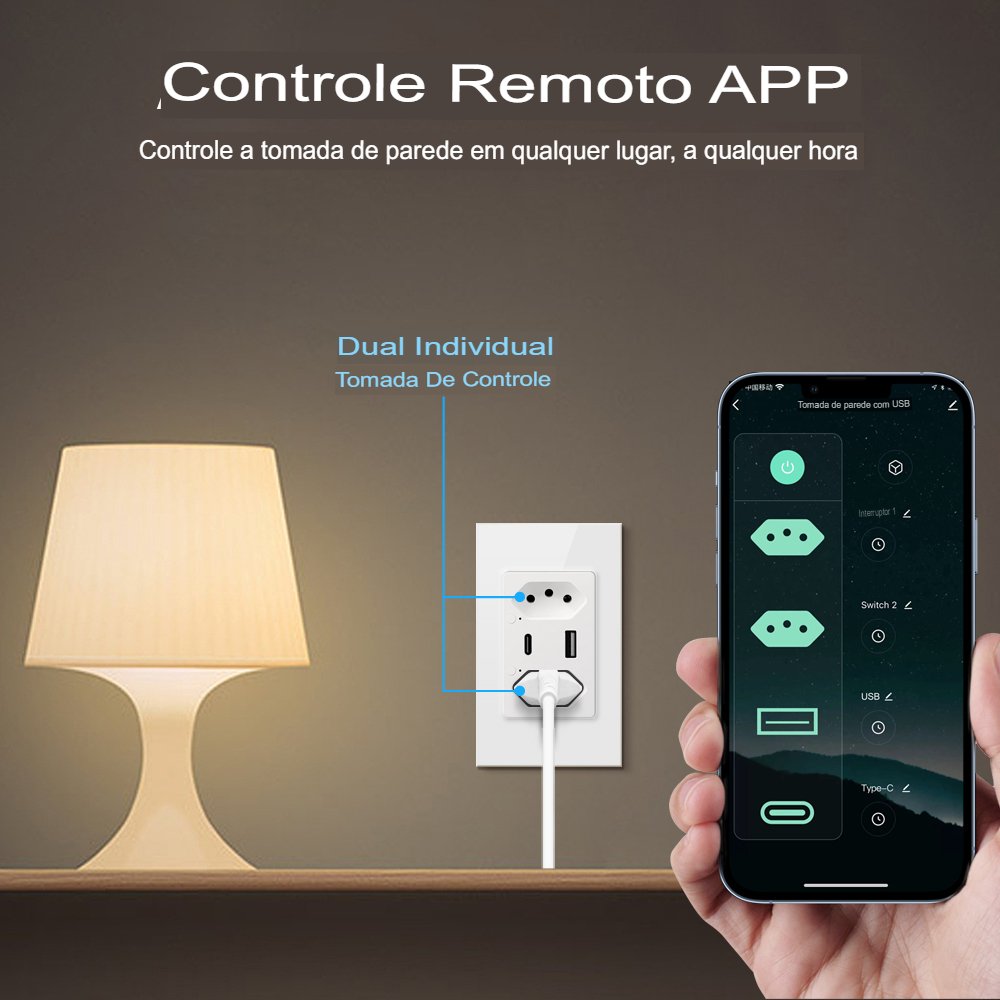 Tomada de Parede Usb tipo C Wifi Tuya Smart Google Home/Alexa