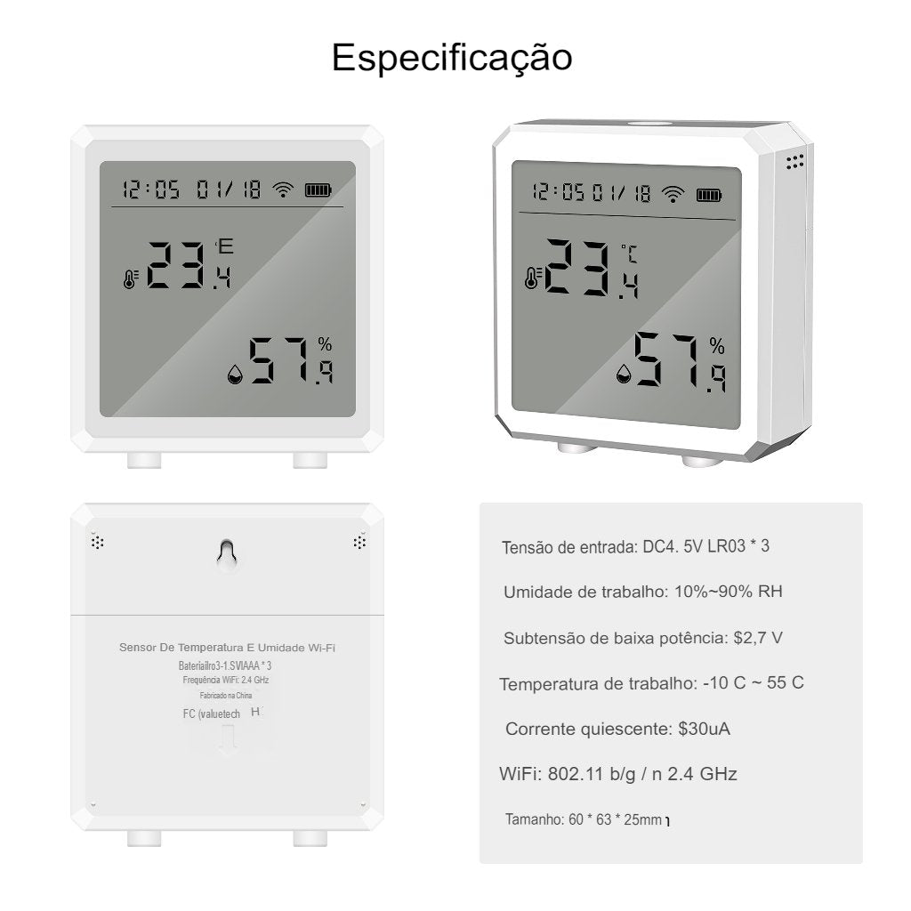 Sensor inteligente de temperatura e umidade com tela LCD Display digital Alexa Google Home