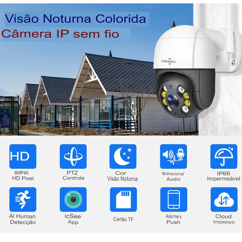 Câmera 5x Zoom Digital AI Detecção Humana ONVIF Wireless CCTV