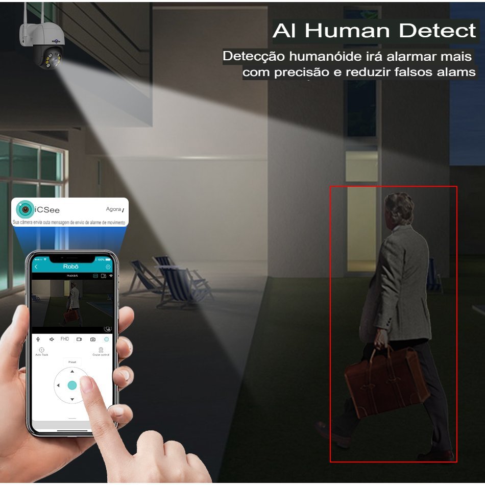 Câmera 5x Zoom Digital AI Detecção Humana ONVIF Wireless CCTV