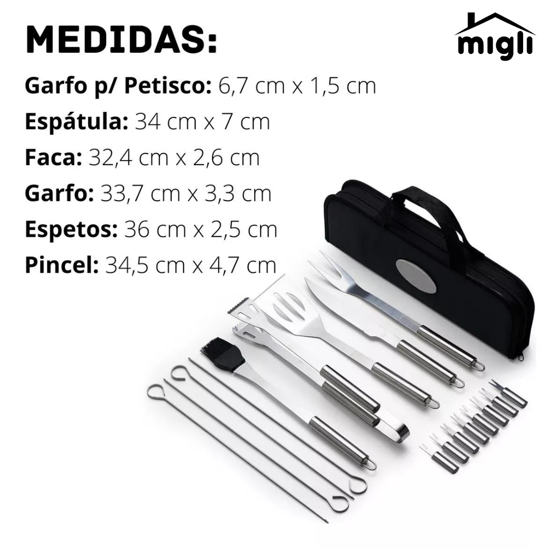 Kit Churrasqueiro Profissional 17 Peças com Estojo