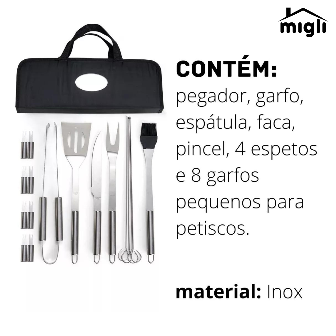 Kit Churrasqueiro Profissional 17 Peças com Estojo