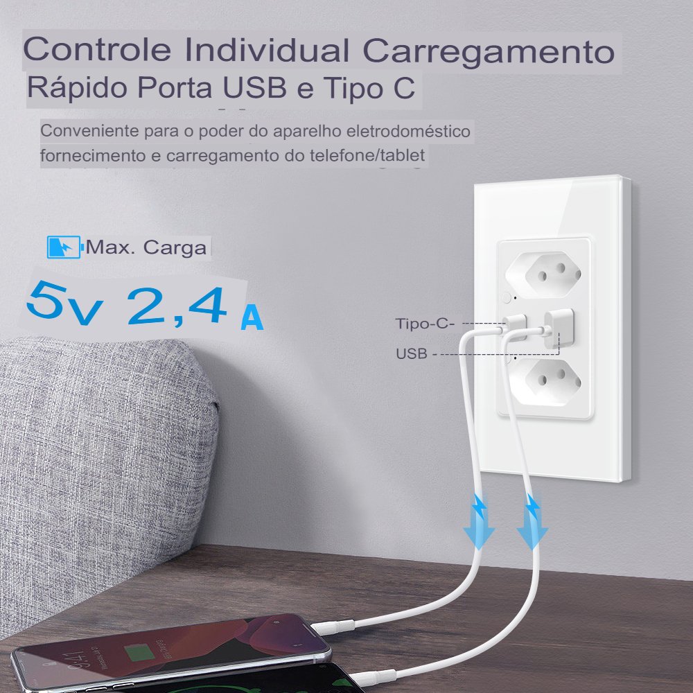 Tomada de Parede Usb tipo C Wifi Tuya Smart Google Home/Alexa