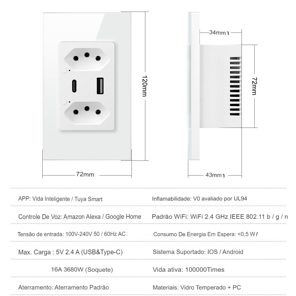 Tomada de Parede Usb tipo C Wifi Tuya Smart Google Home/Alexa