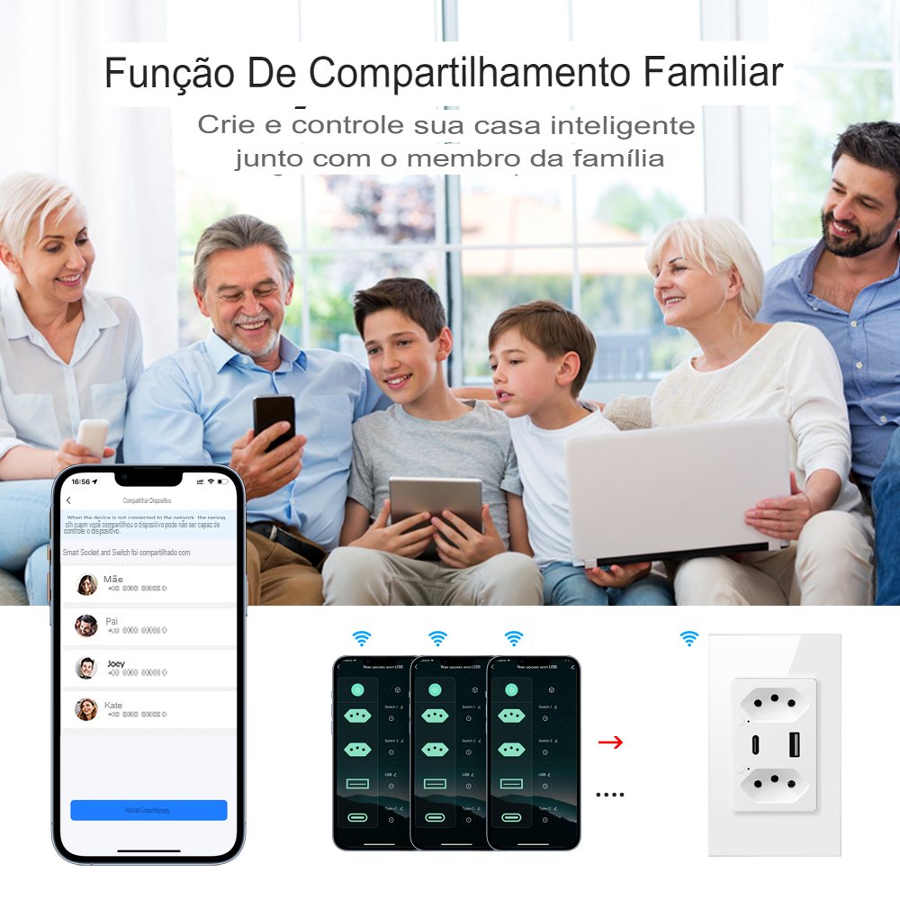 Tomada de Parede Usb tipo C Wifi Tuya Smart Google Home/Alexa